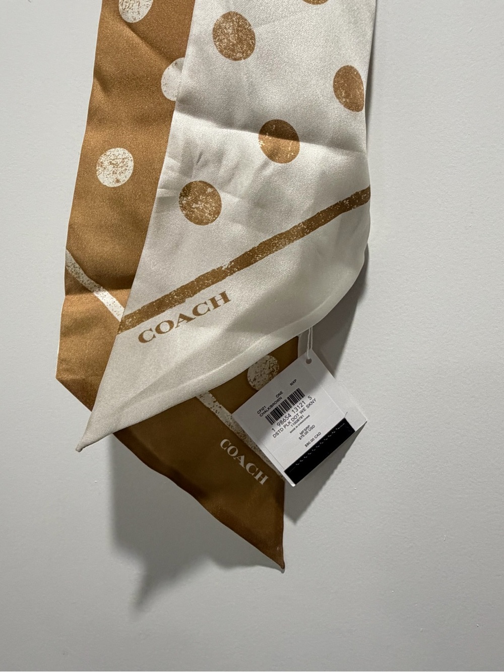 COACH White and Tan Polka Dot Silk Scarf
